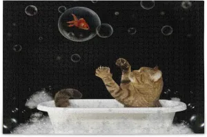 MOYYO 1000 Piece Jigsaw Puzzle for Adults Kids, Cat in Bath with Gold Fish Puzzle Wooden Jigsaw Puzzle Family Game Intellective Toys Wall Art Work for Educational Gift Home Decor