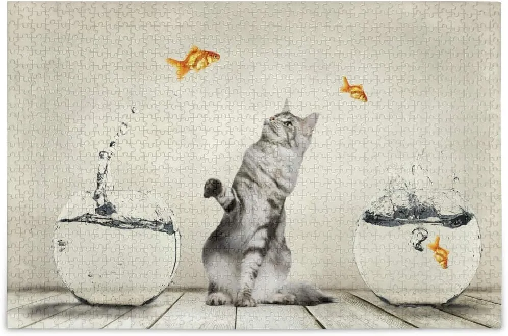 MOYYO Jigsaw Puzzle 500 Piece for Adults Kids, Animal Funny Cute Cat Fish Puzzle Wooden Jigsaw Puzzle Family Game Intellective Toys Wall Art Work for Educational Gift Home Decor
