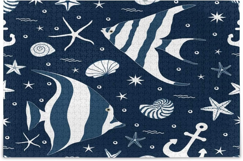 MOYYO Jigsaw Puzzle 500 Piece for Adults Kids, Marine Fishes Anchor Starfish Puzzle Wooden Jigsaw Puzzle Family Game Intellective Toys Wall Art Work for Educational Gift Home Decor