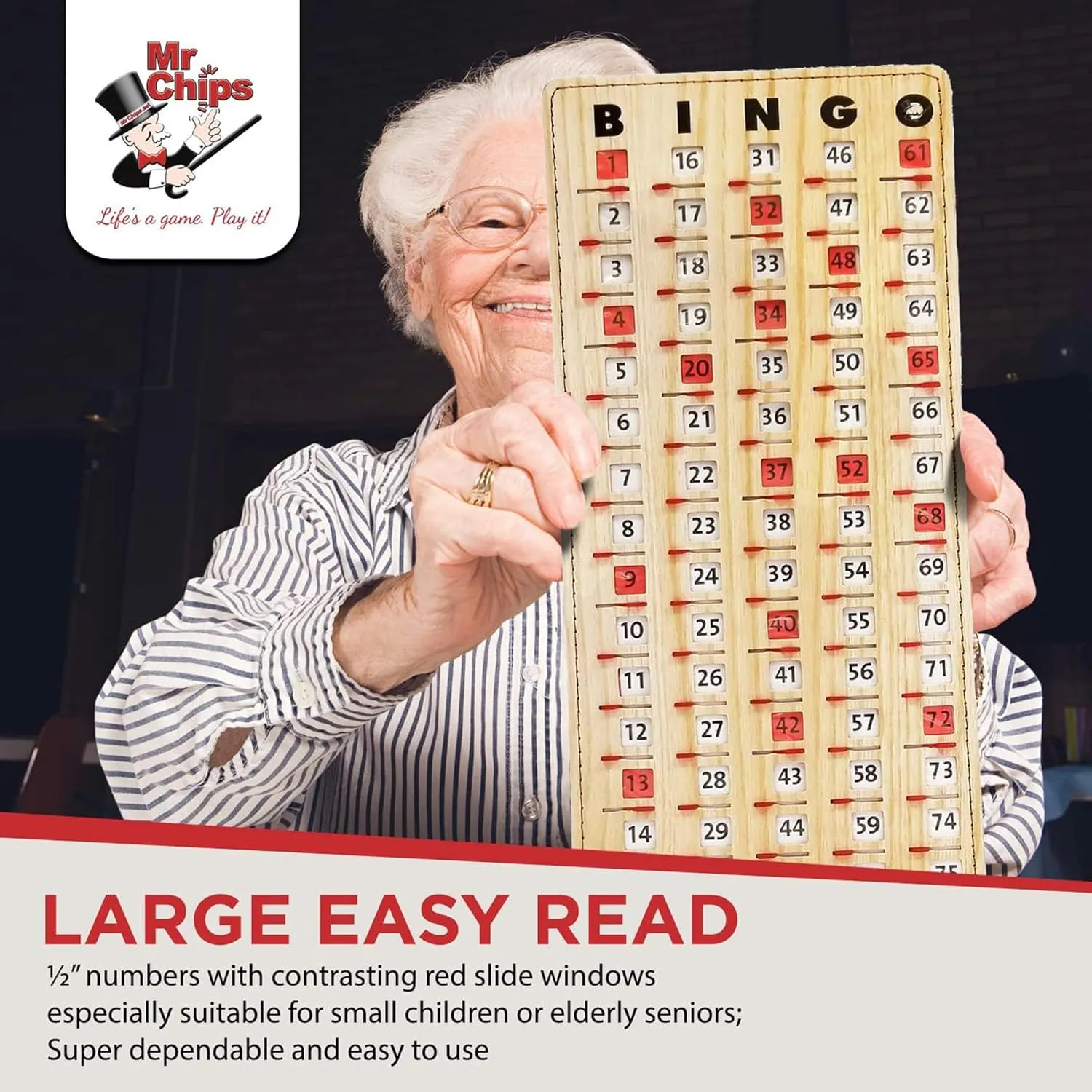 MR CHIPS Jam-Proof Finger Tip Master Bingo Card with Sliding Windows Large Cardboard Calling Cards Tan Style