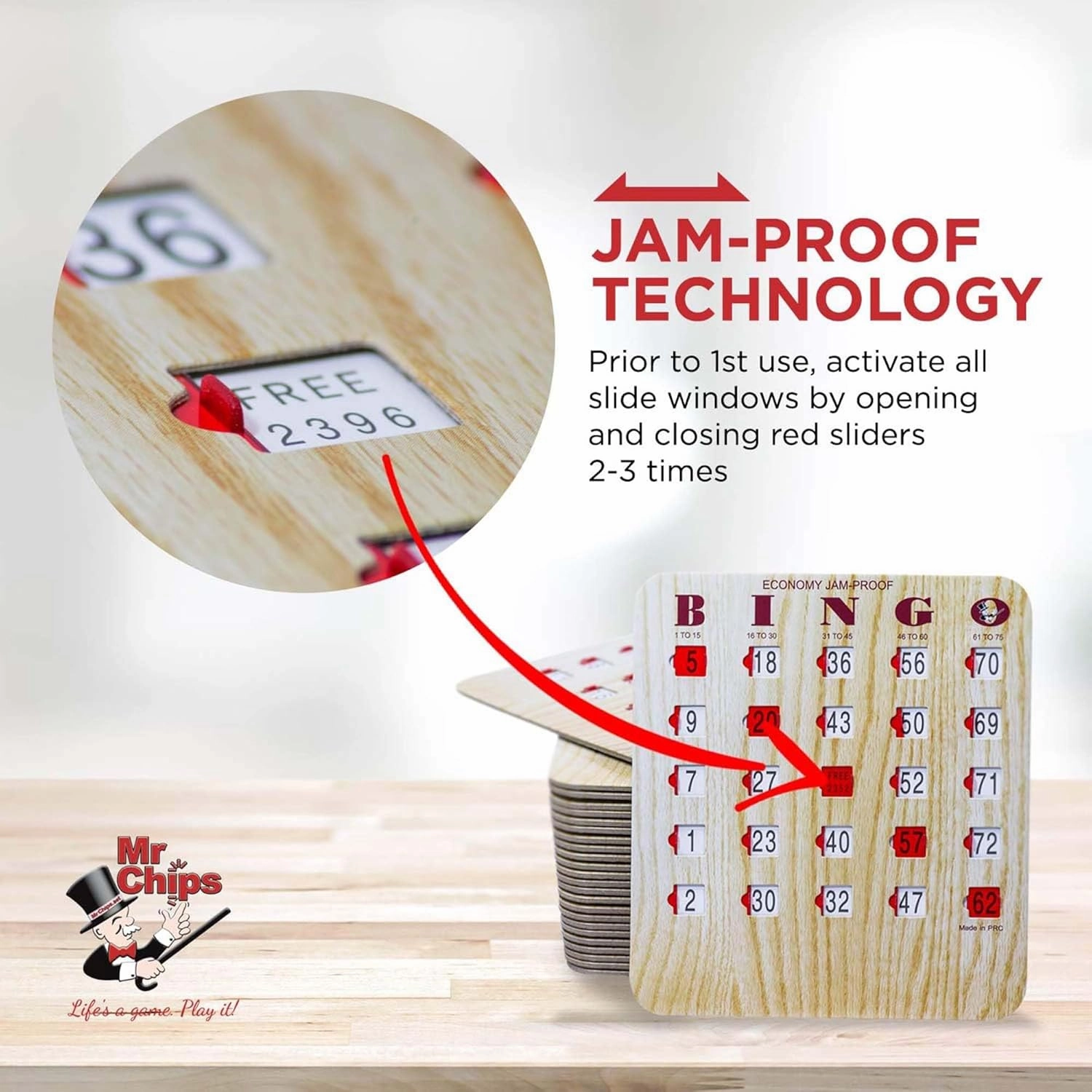 MR CHIPS Jam-Proof Bingo Cards with Sliding Windows, 25 Reusable Shutter Cards, 75 Calling Cards 1 Master Board in Tan Woodgrain Style