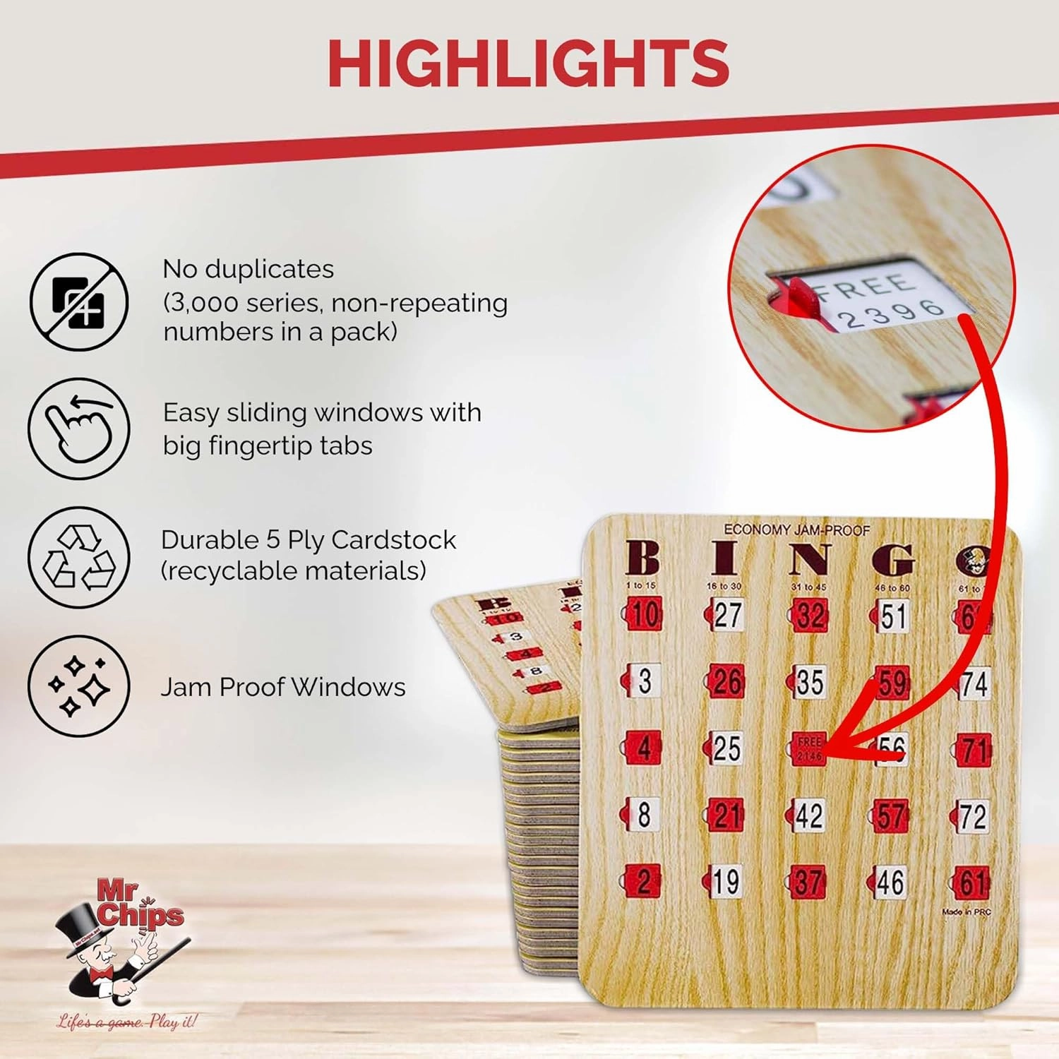 MR CHIPS Jam-Proof Bingo Cards with Sliding Windows, 25 Reusable Shutter Cards, 75 Calling Cards 1 Master Board in Tan Woodgrain Style