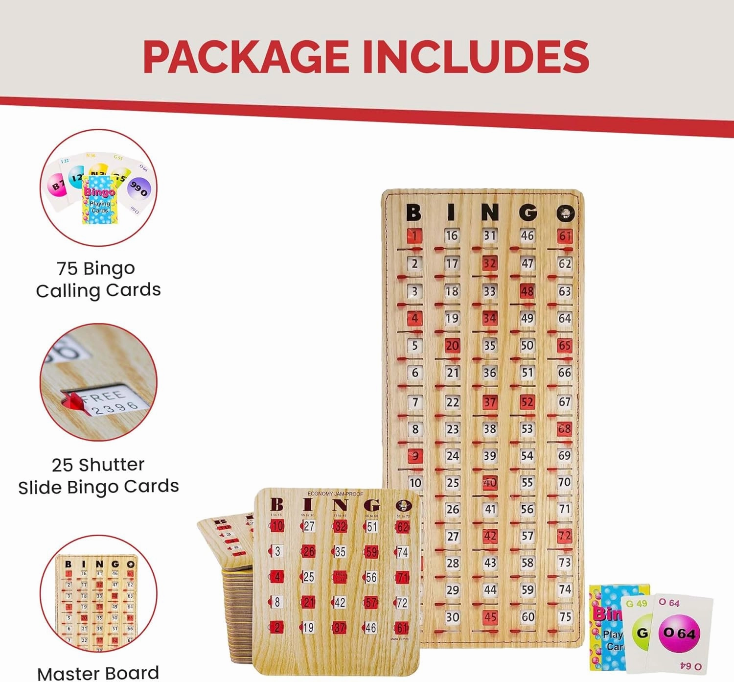 MR CHIPS Jam-Proof Bingo Cards with Sliding Windows, 25 Reusable Shutter Cards, 75 Calling Cards 1 Master Board in Tan Woodgrain Style