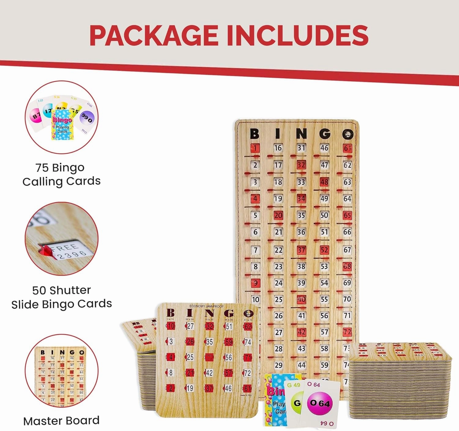 MR CHIPS Jam-Proof Bingo Cards with Sliding Windows, 50 Reusable Shutter Cards, 75 Calling Cards 1 Master Board in Tan Woodgrain Style