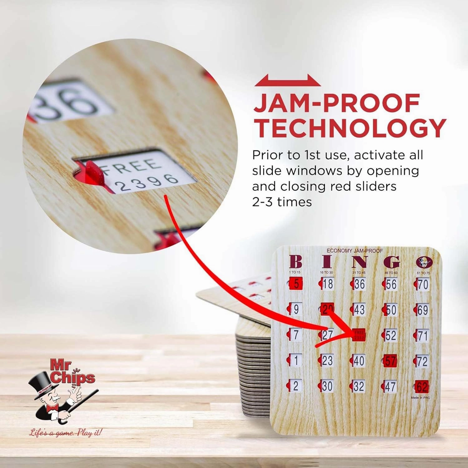 MR CHIPS Jam-Proof Bingo Cards with Sliding Windows, 50 Reusable Shutter Cards, 75 Calling Cards 1 Master Board in Tan Woodgrain Style