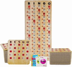 MR CHIPS Jam-Proof Bingo Cards with Sliding Windows, 50 Reusable Shutter Cards, 75 Calling Cards 1 Master Board in Tan Woodgrain Style