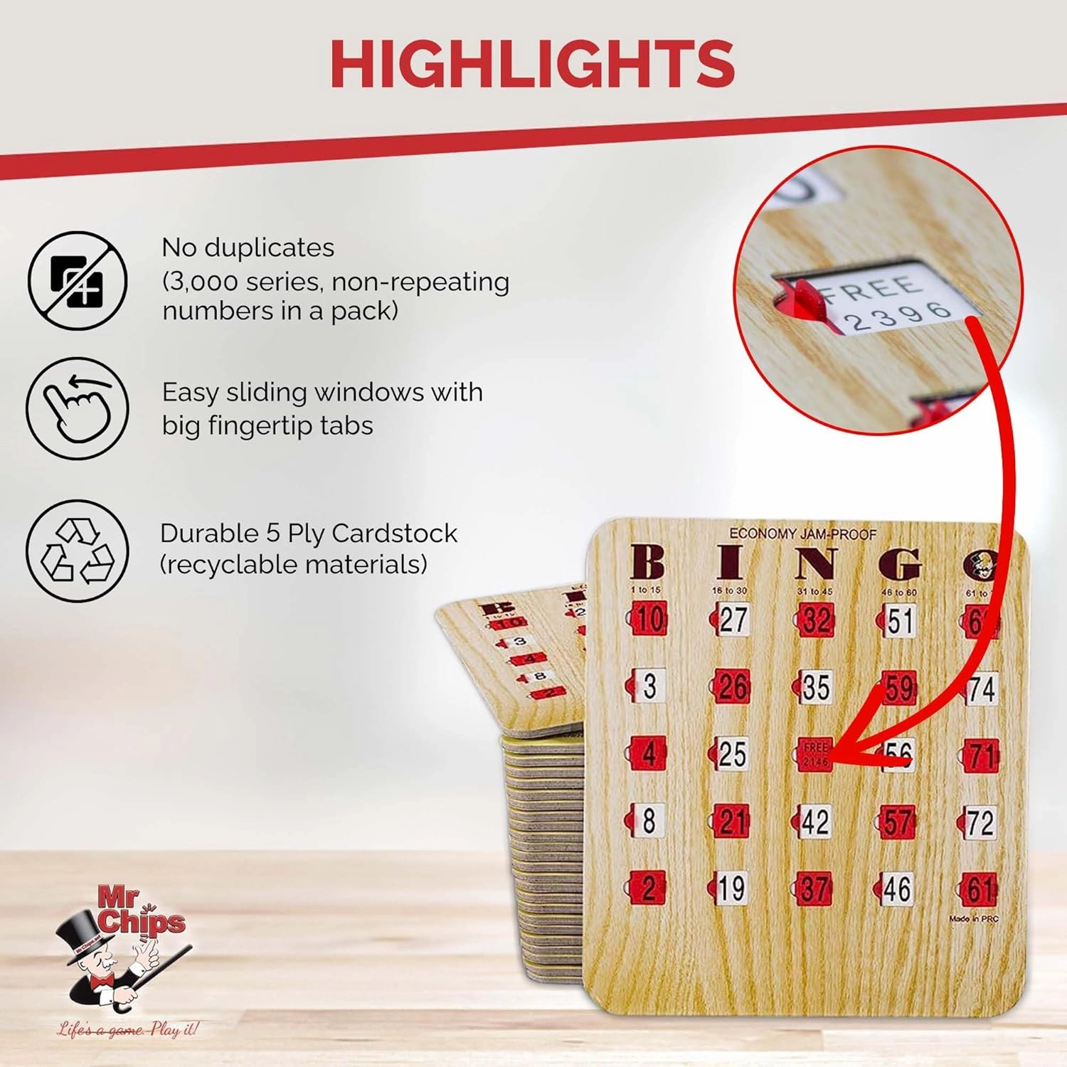 MR CHIPS Jam-Proof Bingo Cards with Sliding Windows, 50 Reusable Shutter Cards, 75 Calling Cards 1 Master Board in Tan Woodgrain Style