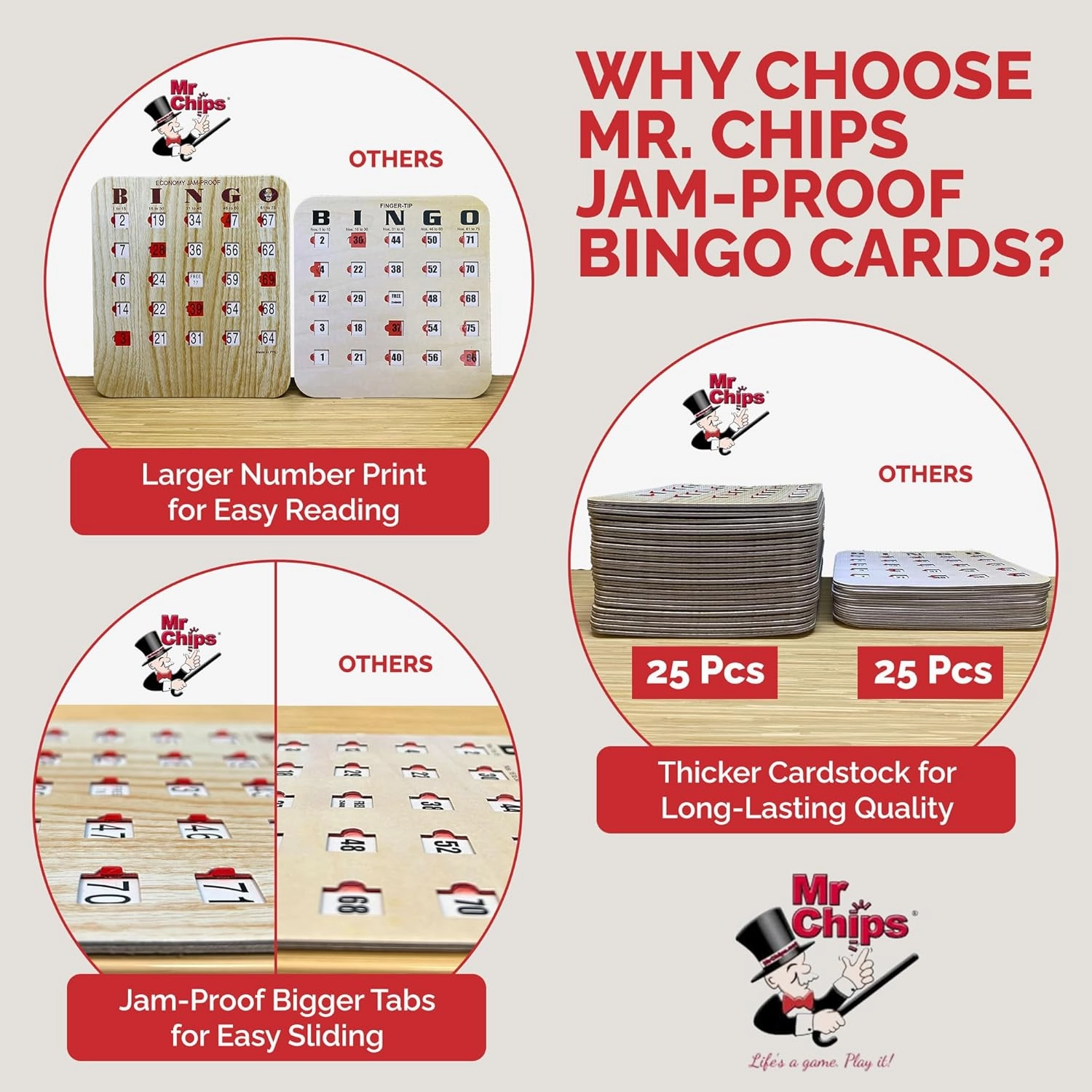 MR CHIPS Jam-Proof Bingo Cards with Sliding Windows, 50 Reusable Shutter Cards, 75 Calling Cards 1 Master Board in Tan Woodgrain Style