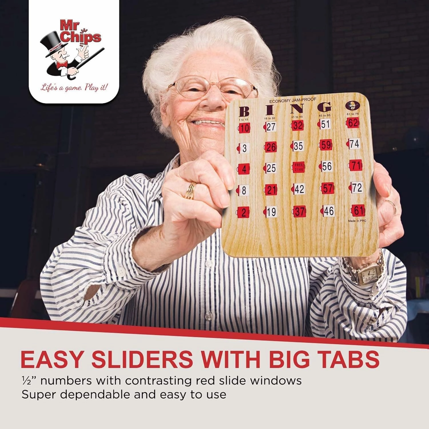 MR CHIPS Jam-Proof Bingo Cards with Sliding Windows, 50 Reusable Shutter Cards, 75 Calling Cards 1 Master Board in Tan Woodgrain Style