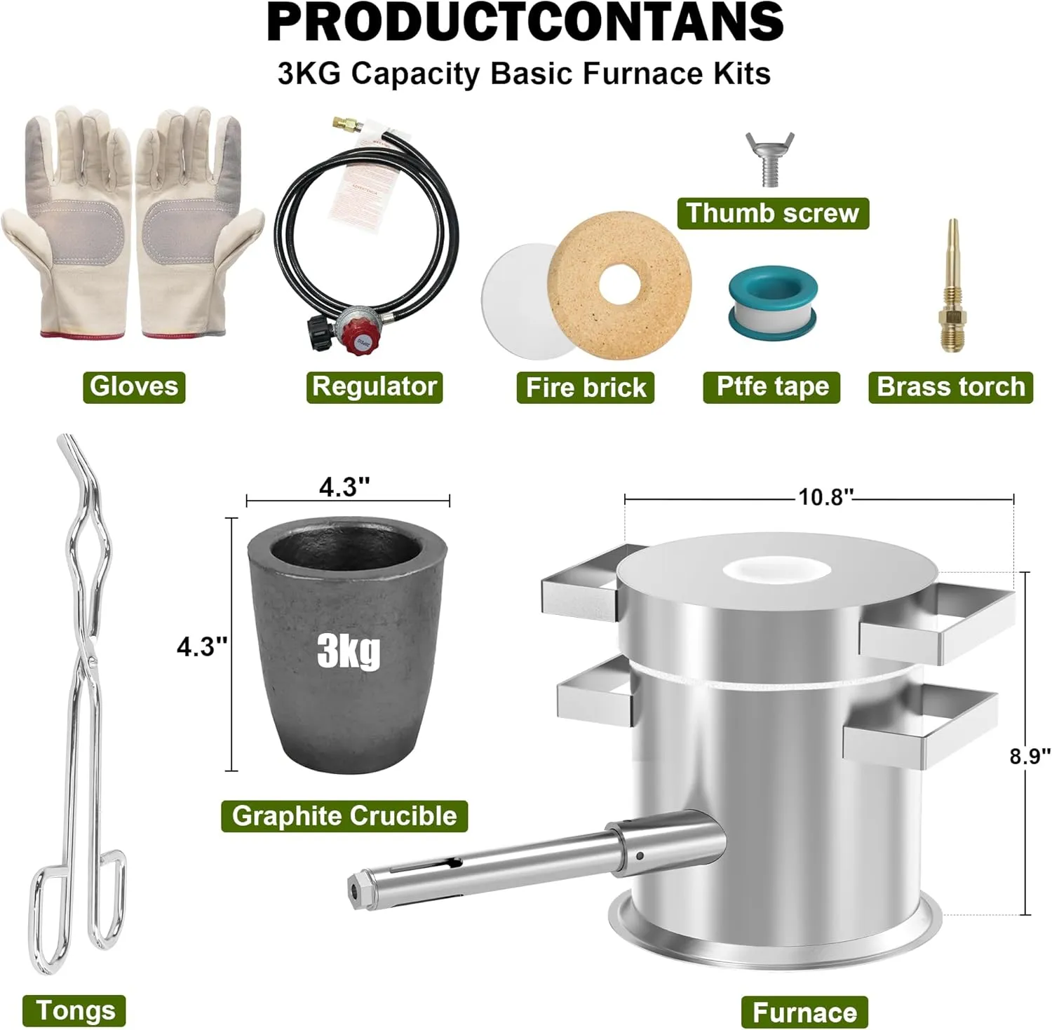 Nelyrho 3KG Propane Smelting Furnace Kit, Stainless Steel Foundry with Crucible, Tongs and Gloves for Melting Silver, Copper and Aluminum