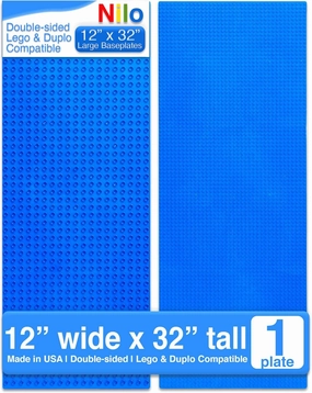 NILO Classic Blue Baseplate, 1-Pack 12"x32" Double-Sided, Large Building Plates for Building Bricks 100% Compatible with All Major Brands
