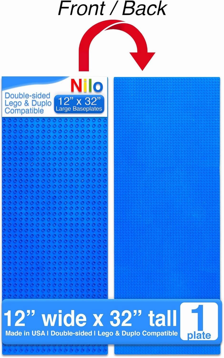 NILO Classic Blue Baseplate, 1-Pack 12"x32" Double-Sided, Large Building Plates for Building Bricks 100% Compatible with All Major Brands