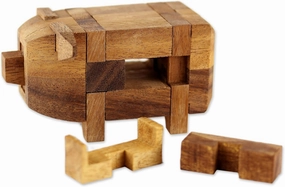NOVICA Light Brown Handmade Raintree Wood Pig Puzzle Game, 'Piggy'
