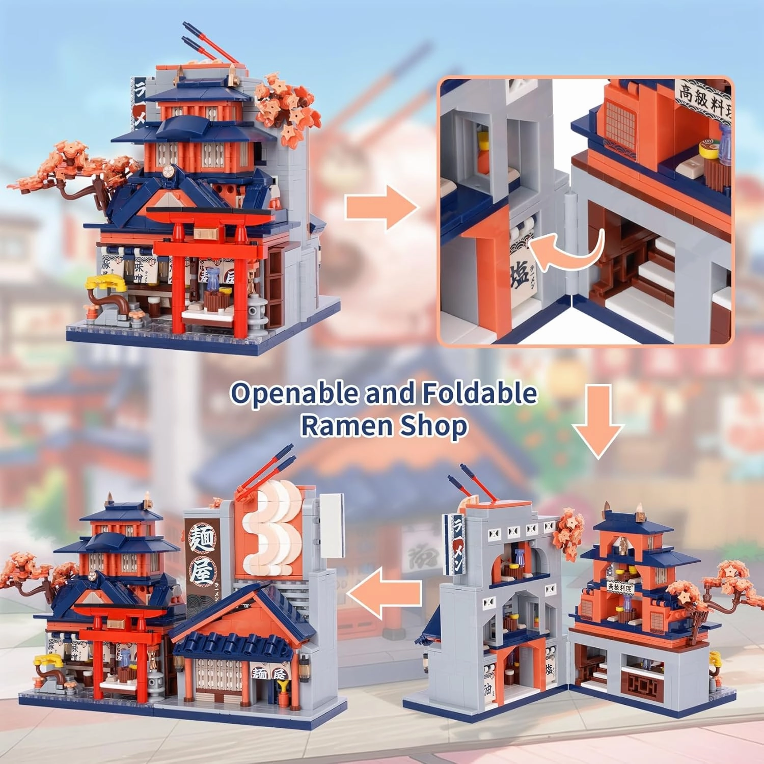 Oichy Japanese Street View Ramen Shop Mini Building Blocks, Creative City Architecture Model Set, 1083 PCS Mini Bricks Construction Toy Building Sets, Idea Gifts for Kids Adults