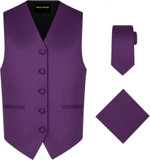 Oliver George 3pc Men's Solid Formal Waistcoat Tuxedo Dress Vest Necktie Handkerchief Set For Suit or Tuxedo