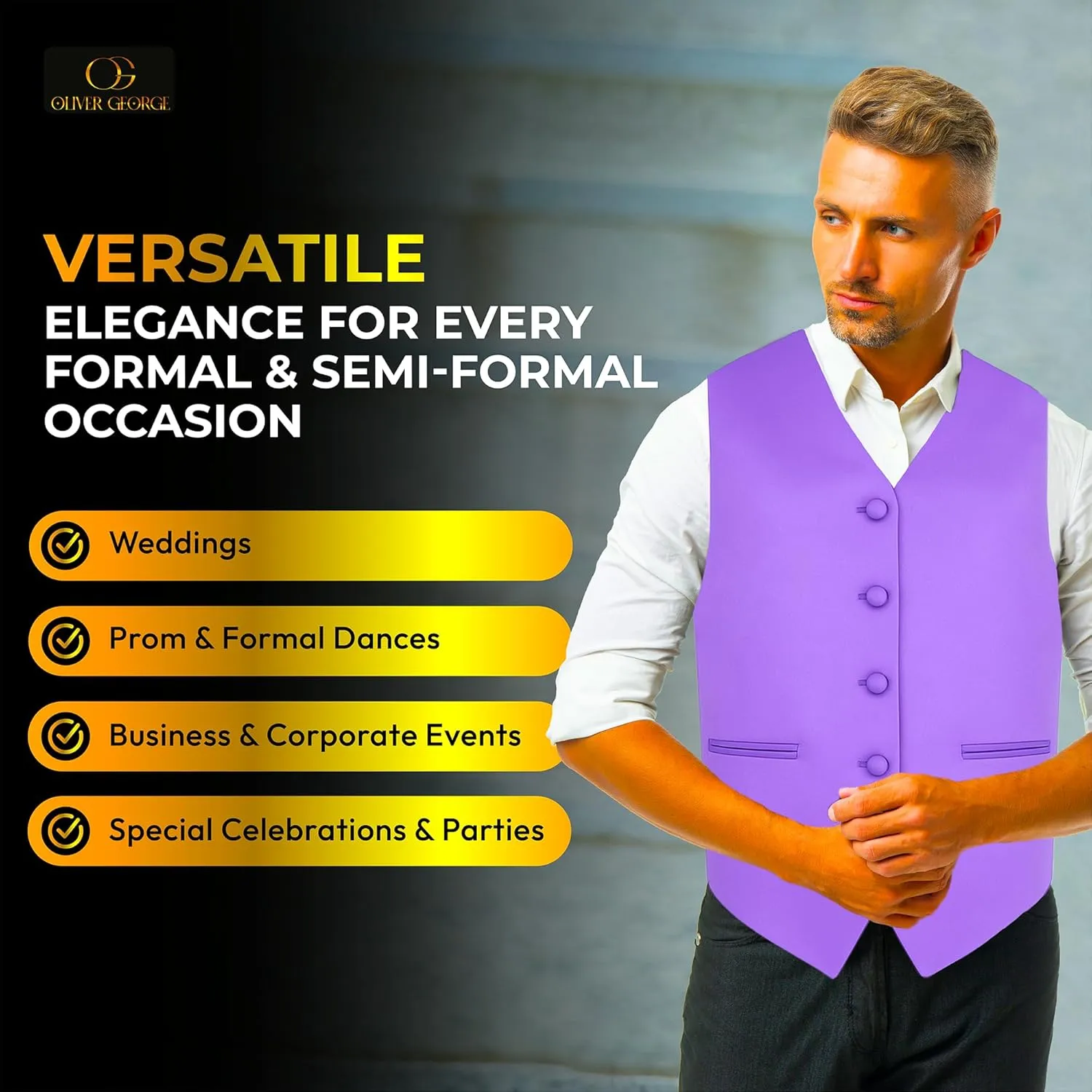 Oliver George 3pc Men's Solid Formal Waistcoat Tuxedo Dress Vest Necktie Handkerchief Set For Suit or Tuxedo