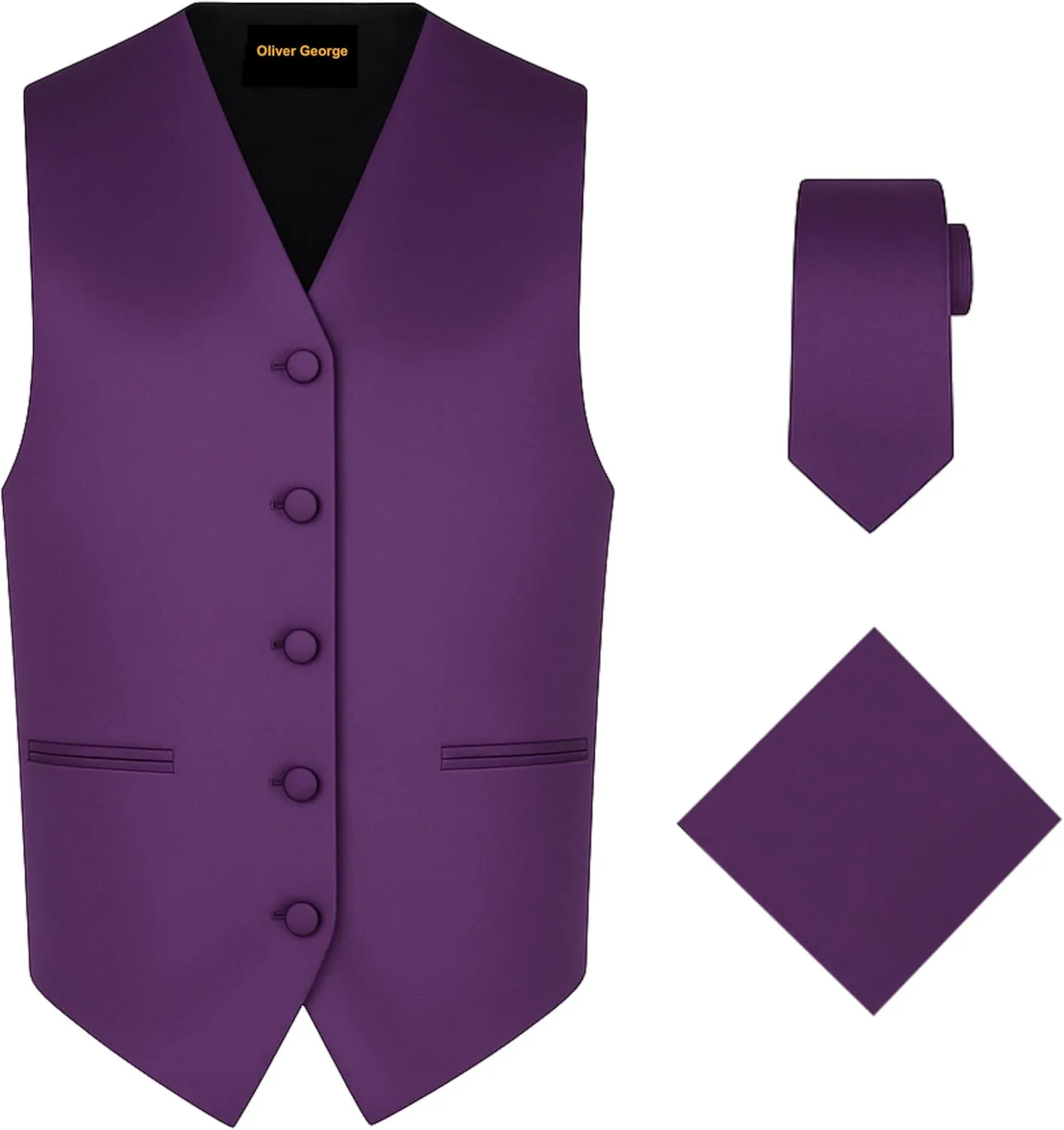 Oliver George 3pc Men's Solid Formal Waistcoat Tuxedo Dress Vest Necktie Handkerchief Set For Suit or Tuxedo
