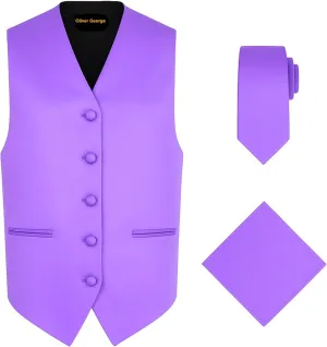 Oliver George 3pc Men's Solid Formal Waistcoat Tuxedo Dress Vest Necktie Handkerchief Set For Suit or Tuxedo