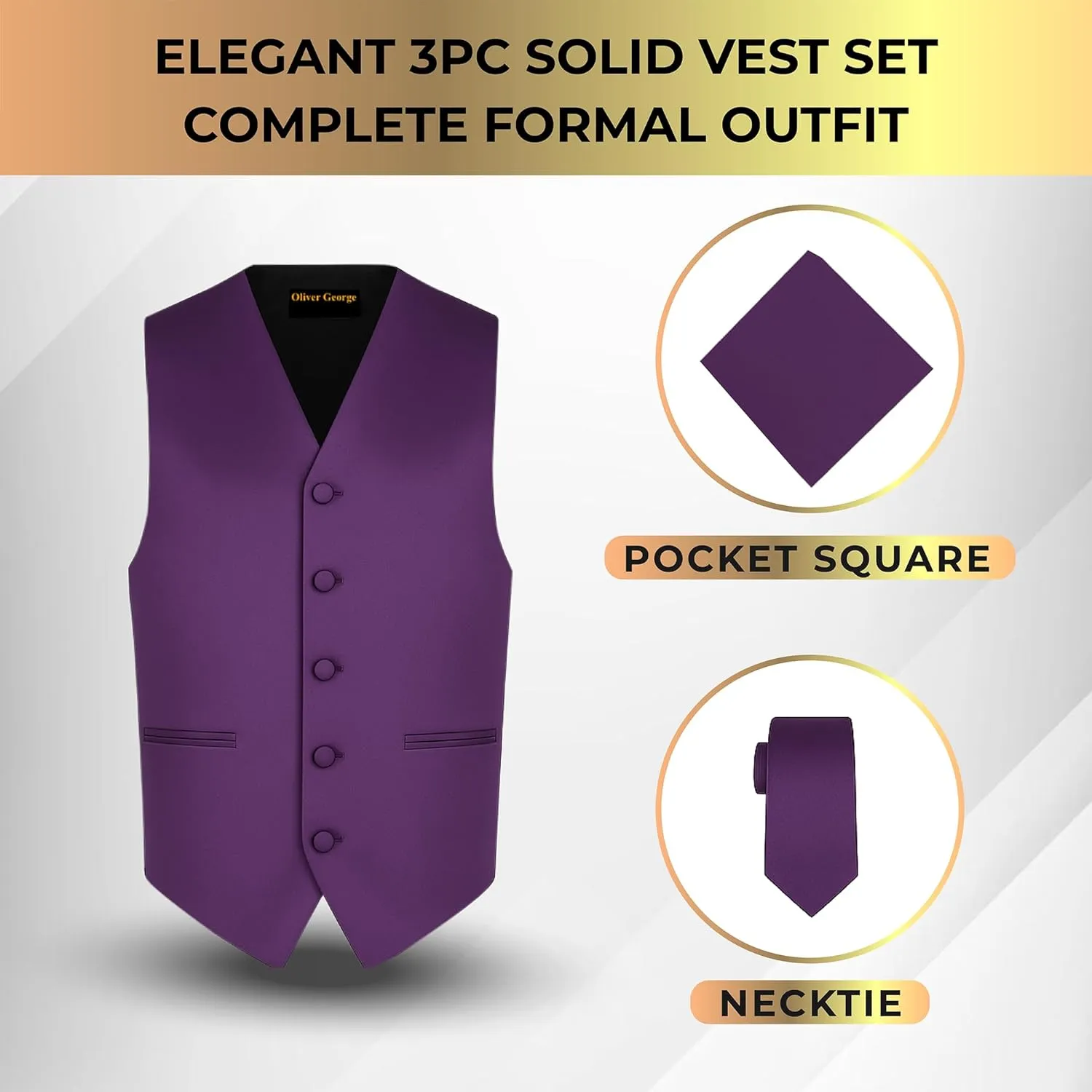 Oliver George 3pc Men's Solid Formal Waistcoat Tuxedo Dress Vest Necktie Handkerchief Set For Suit or Tuxedo