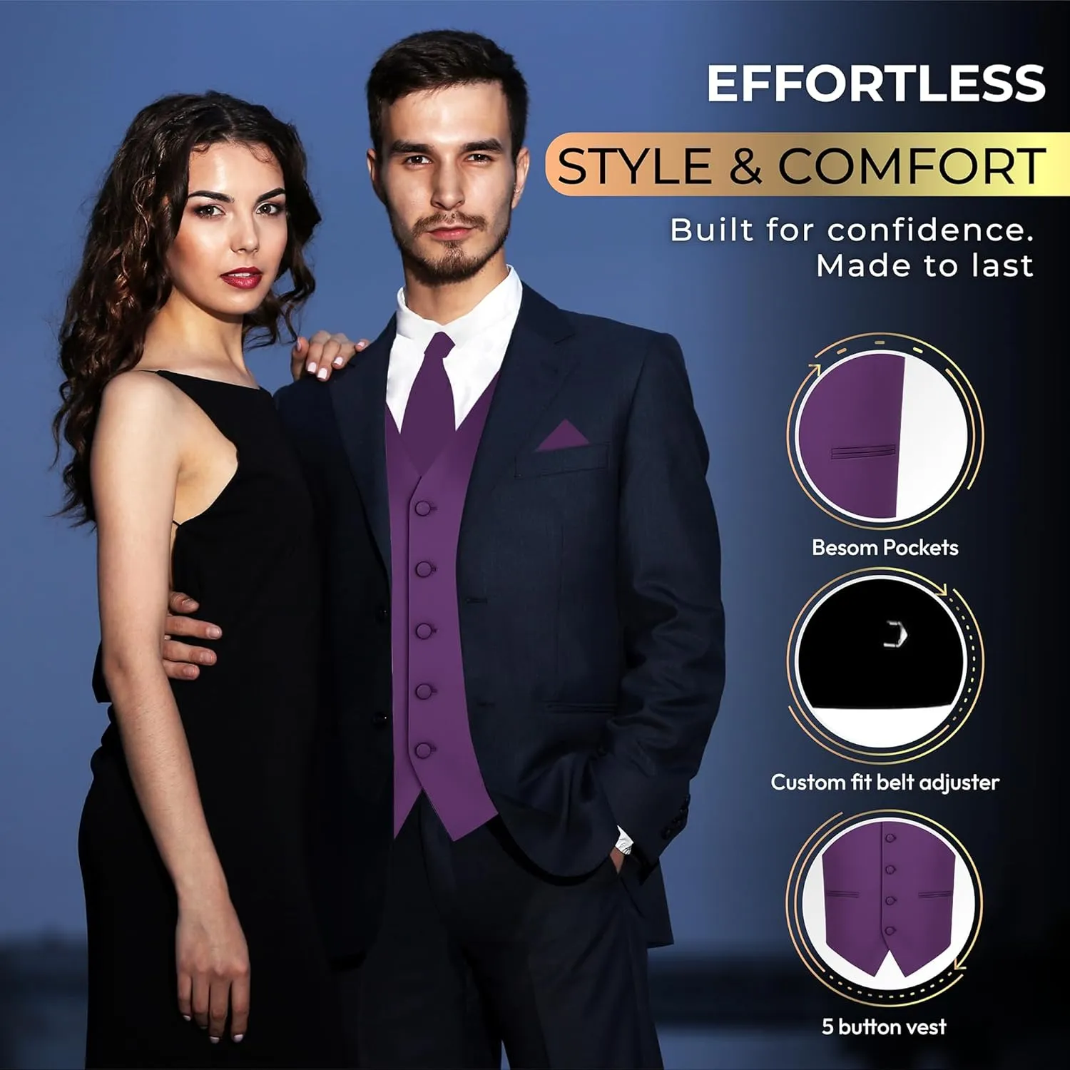 Oliver George 3pc Men's Solid Formal Waistcoat Tuxedo Dress Vest Necktie Handkerchief Set For Suit or Tuxedo