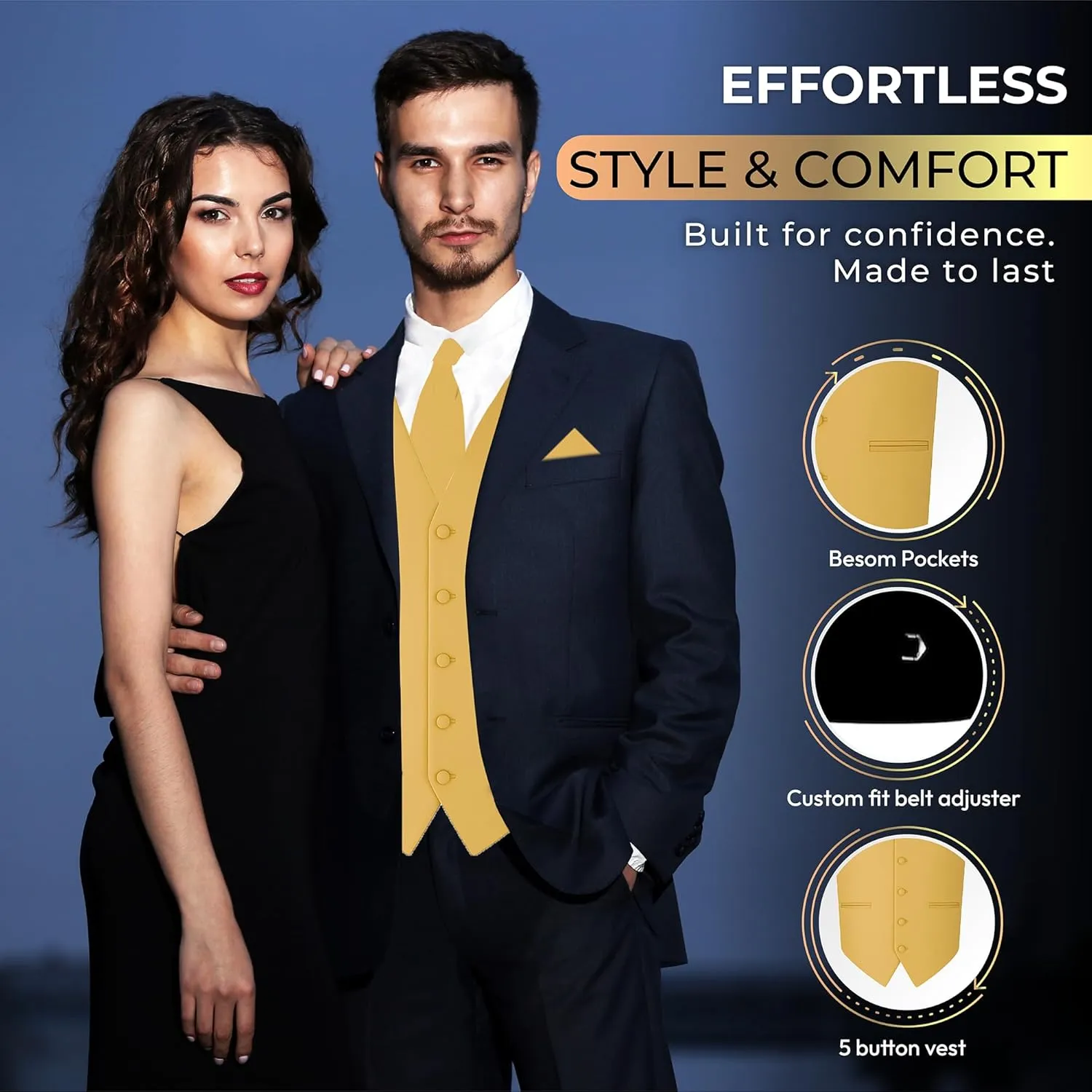 Oliver George 3pc Men's Solid Formal Waistcoat Tuxedo Dress Vest Necktie Handkerchief Set For Suit or Tuxedo