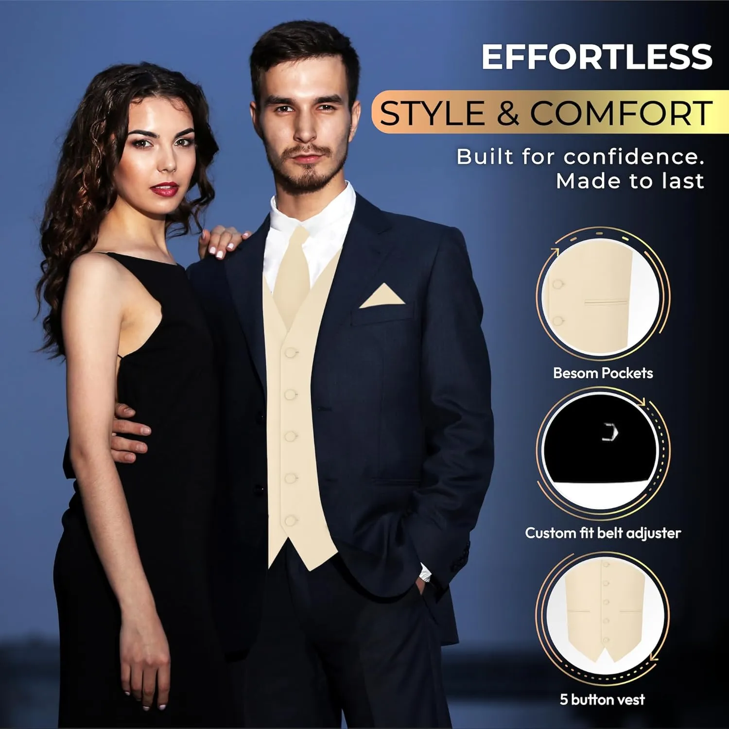 Oliver George 3pc Men's Solid Formal Waistcoat Tuxedo Dress Vest Necktie Handkerchief Set For Suit or Tuxedo