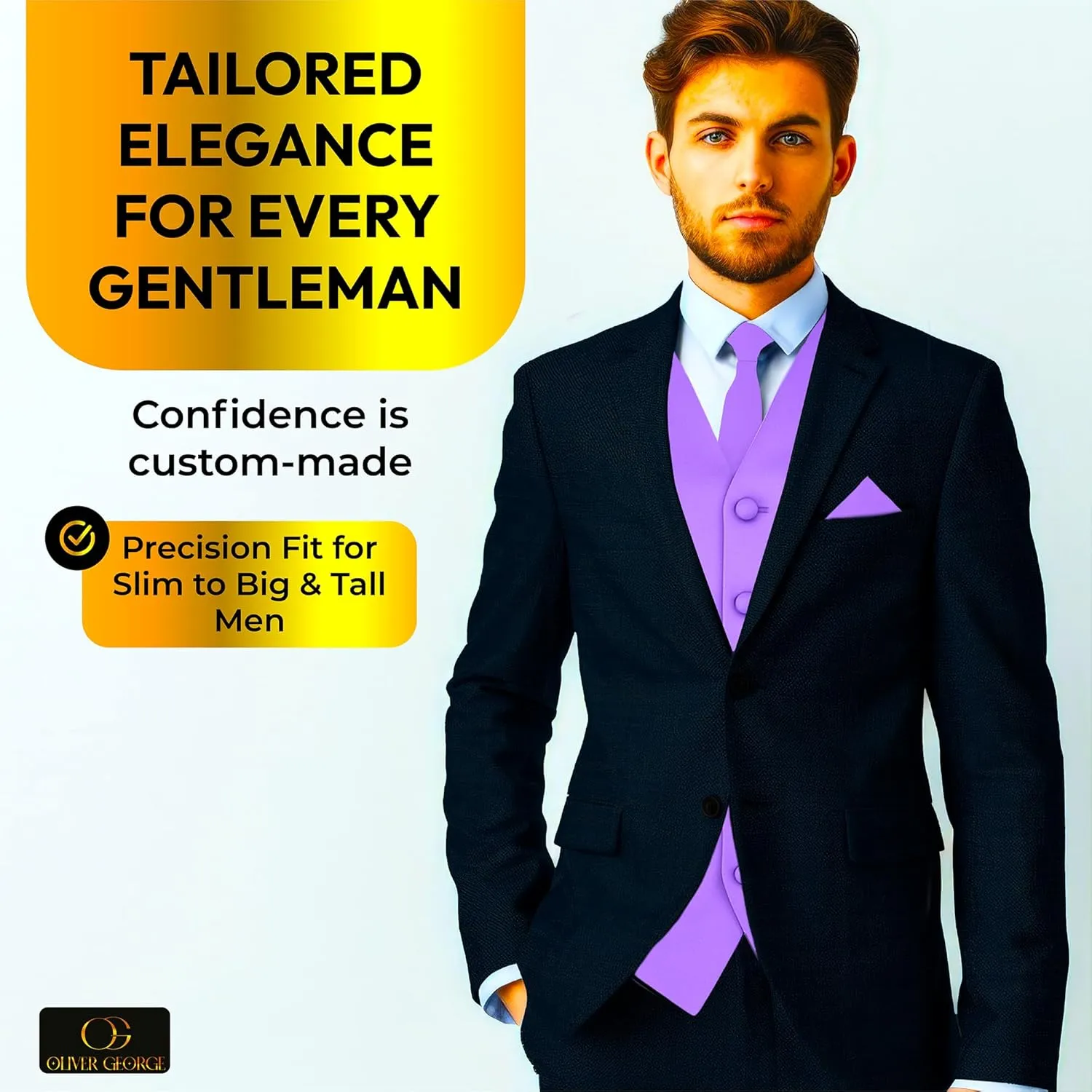 Oliver George 3pc Men's Solid Formal Waistcoat Tuxedo Dress Vest Necktie Handkerchief Set For Suit or Tuxedo