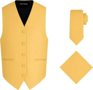 Oliver George 3pc Men's Solid Formal Waistcoat Tuxedo Dress Vest Necktie Handkerchief Set For Suit or Tuxedo
