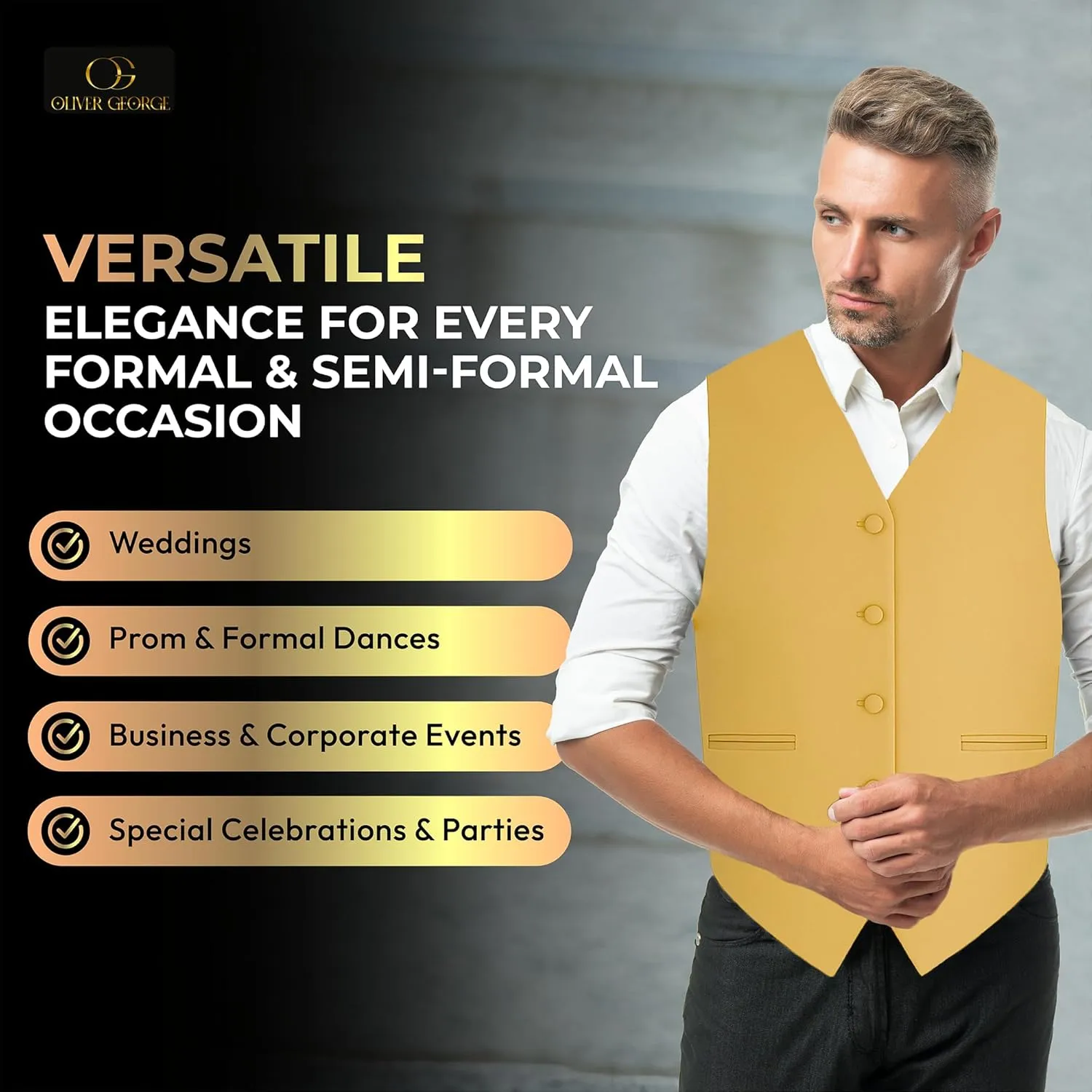 Oliver George 3pc Men's Solid Formal Waistcoat Tuxedo Dress Vest Necktie Handkerchief Set For Suit or Tuxedo