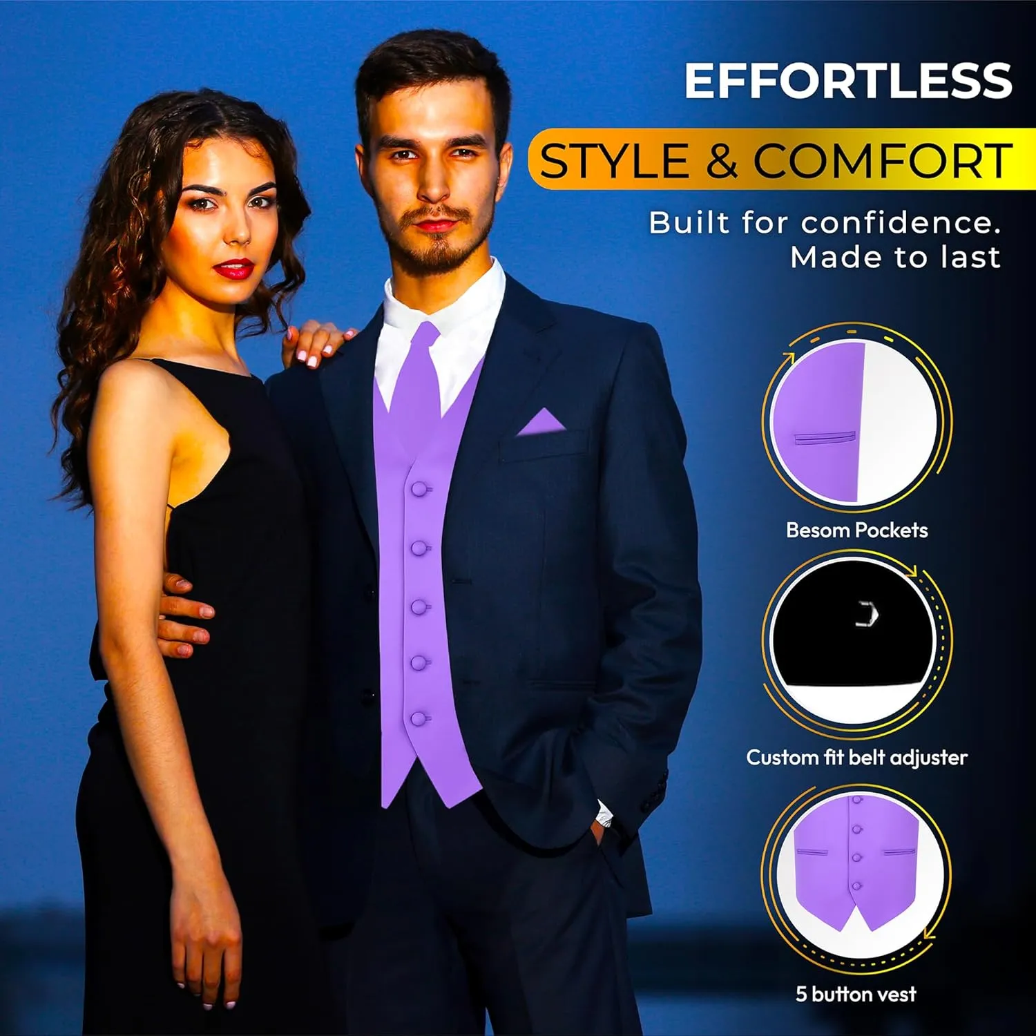 Oliver George 3pc Men's Solid Formal Waistcoat Tuxedo Dress Vest Necktie Handkerchief Set For Suit or Tuxedo