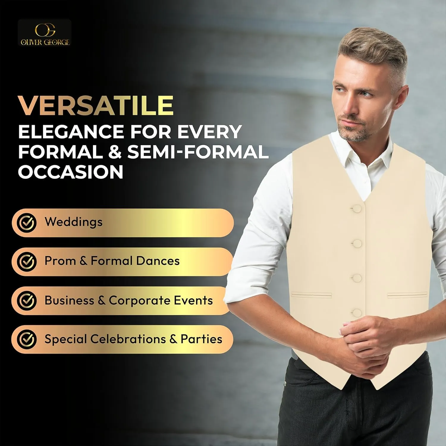 Oliver George 3pc Men's Solid Formal Waistcoat Tuxedo Dress Vest Necktie Handkerchief Set For Suit or Tuxedo