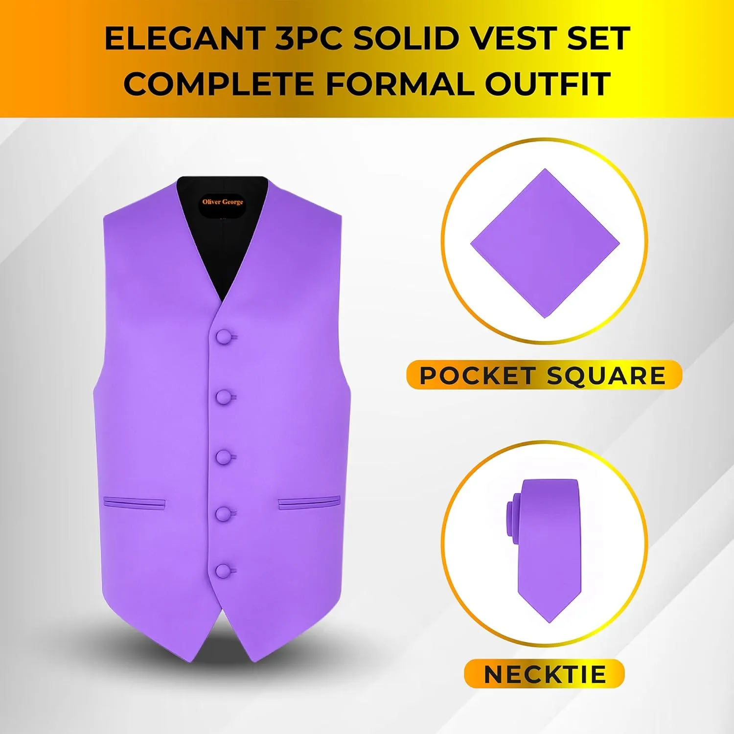 Oliver George 3pc Men's Solid Formal Waistcoat Tuxedo Dress Vest Necktie Handkerchief Set For Suit or Tuxedo