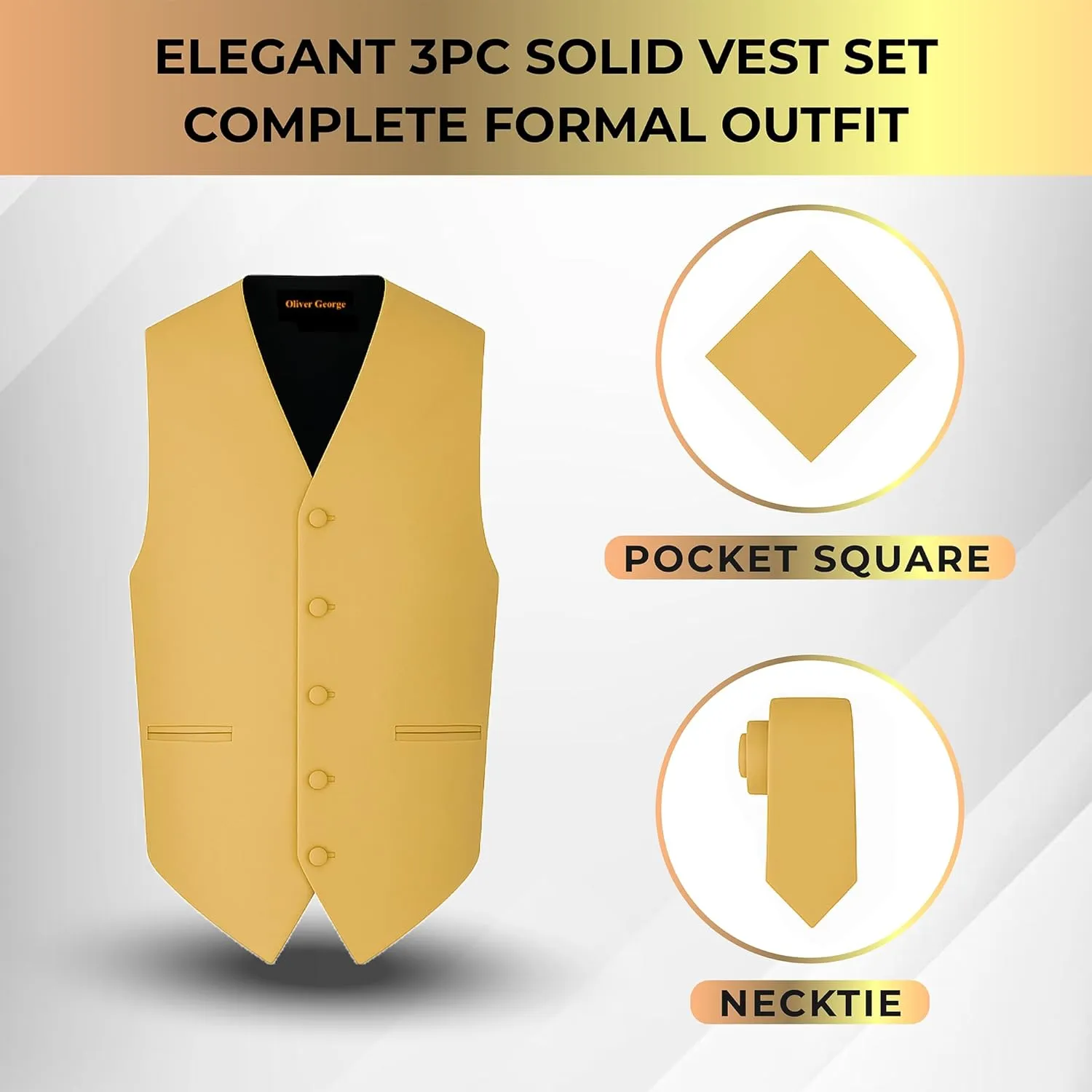 Oliver George 3pc Men's Solid Formal Waistcoat Tuxedo Dress Vest Necktie Handkerchief Set For Suit or Tuxedo