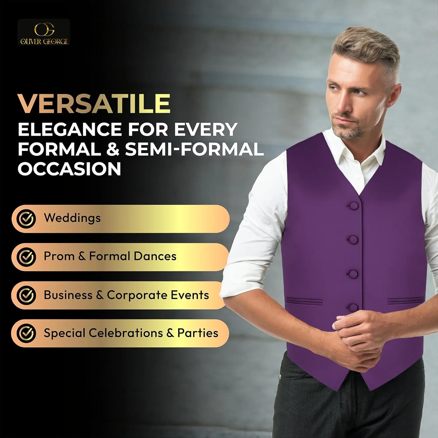Oliver George 3pc Men's Solid Formal Waistcoat Tuxedo Dress Vest Necktie Handkerchief Set For Suit or Tuxedo