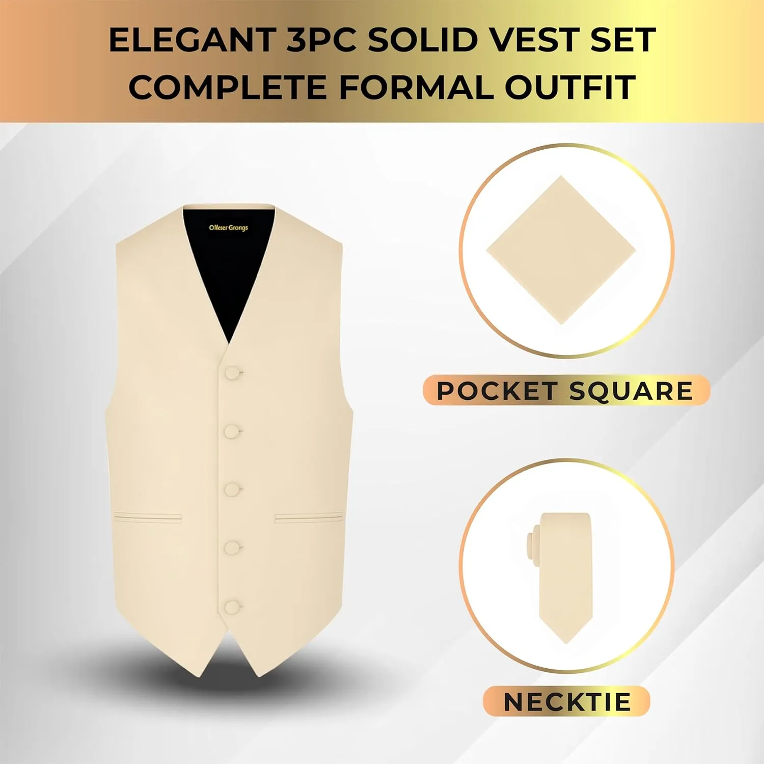 Oliver George 3pc Men's Solid Formal Waistcoat Tuxedo Dress Vest Necktie Handkerchief Set For Suit or Tuxedo