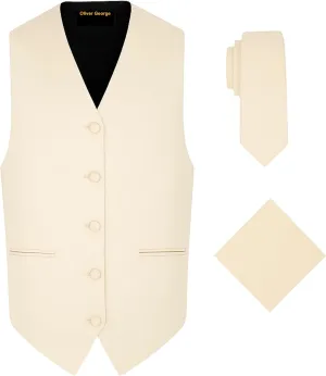 Oliver George 3pc Men's Solid Formal Waistcoat Tuxedo Dress Vest Necktie Handkerchief Set For Suit or Tuxedo