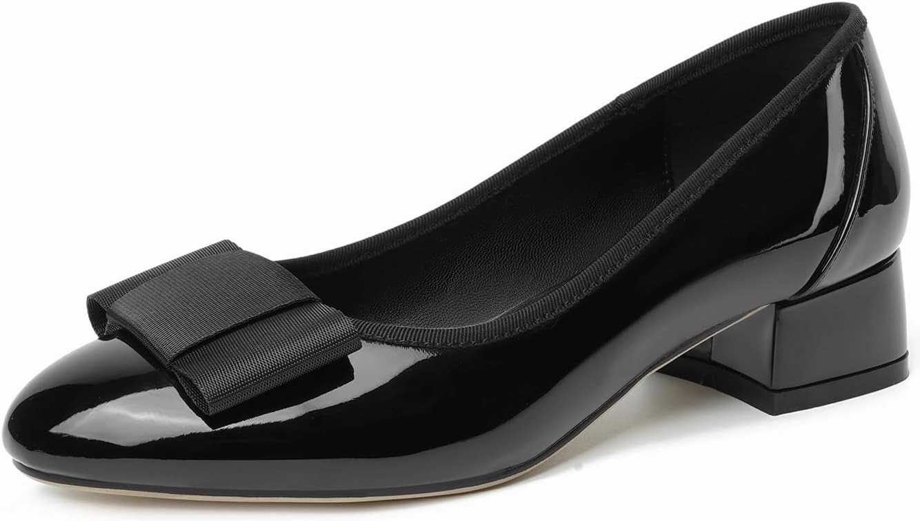 olomisa Women's Pumps, Round Closed Toe Dressy Shoes, Bow Chunky Heel Patent Leather Slip On Pumps