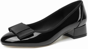 olomisa Women's Pumps, Round Closed Toe Dressy Shoes, Bow Chunky Heel Patent Leather Slip On Pumps