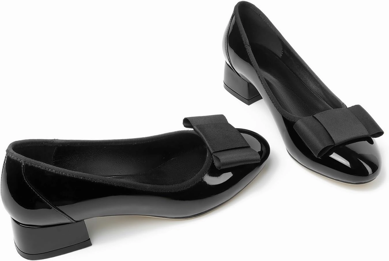 olomisa Women's Pumps, Round Closed Toe Dressy Shoes, Bow Chunky Heel Patent Leather Slip On Pumps