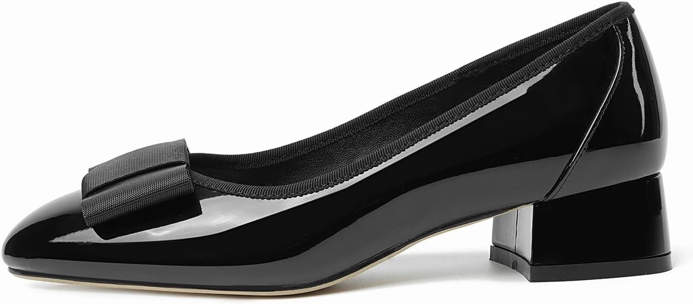 olomisa Women's Pumps, Round Closed Toe Dressy Shoes, Bow Chunky Heel Patent Leather Slip On Pumps