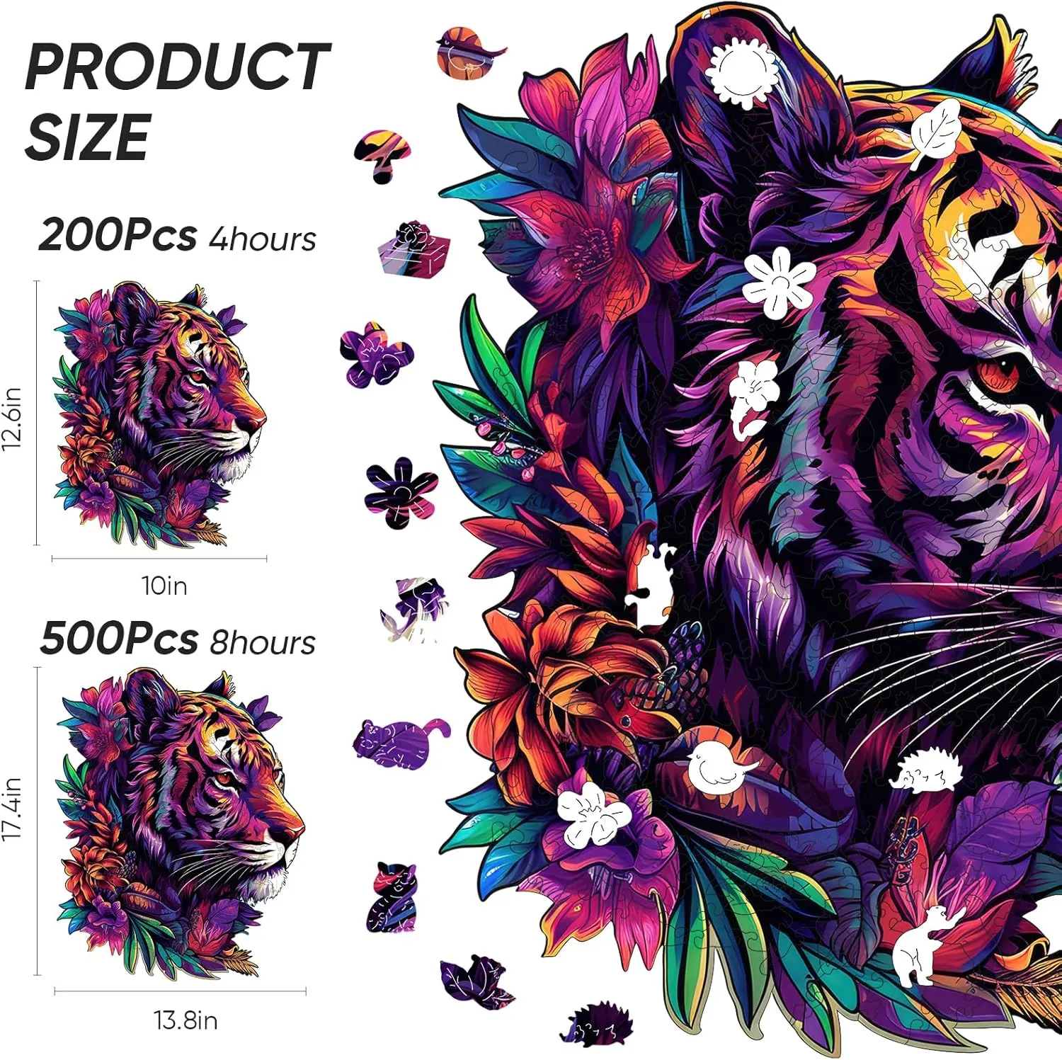 Original Wooden Jigsaw Puzzles-Tiger,200pcs,10x12.6in,Medium,Wooden Puzzles for Adults,Unique Shape Animal Adult Puzzles,Irregular Wood Puzzles Best Gift for Adults and Kids Family Game