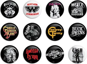 Outlaw Country Button Pack (12 Pins) Set 1 Dolly Willie Johnny Merle Hank Charlie Loretta Parton Nelson Cash Haggard Williams Lynn
