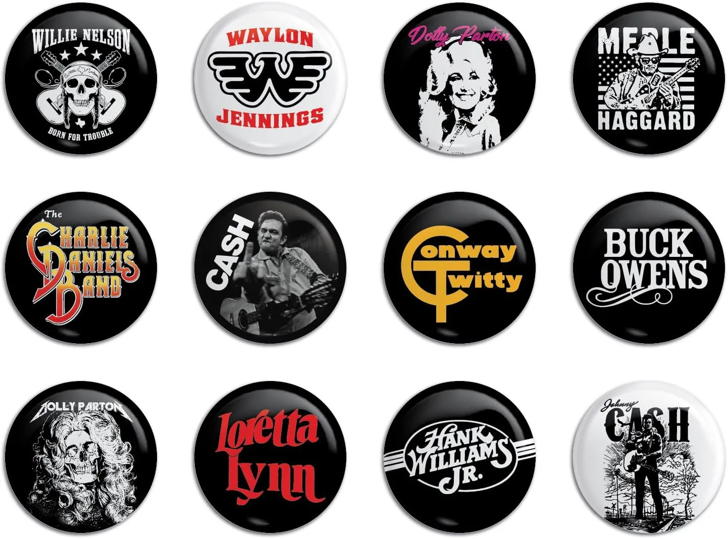 Outlaw Country Button Pack (12 Pins) Set 1 Dolly Willie Johnny Merle Hank Charlie Loretta Parton Nelson Cash Haggard Williams Lynn