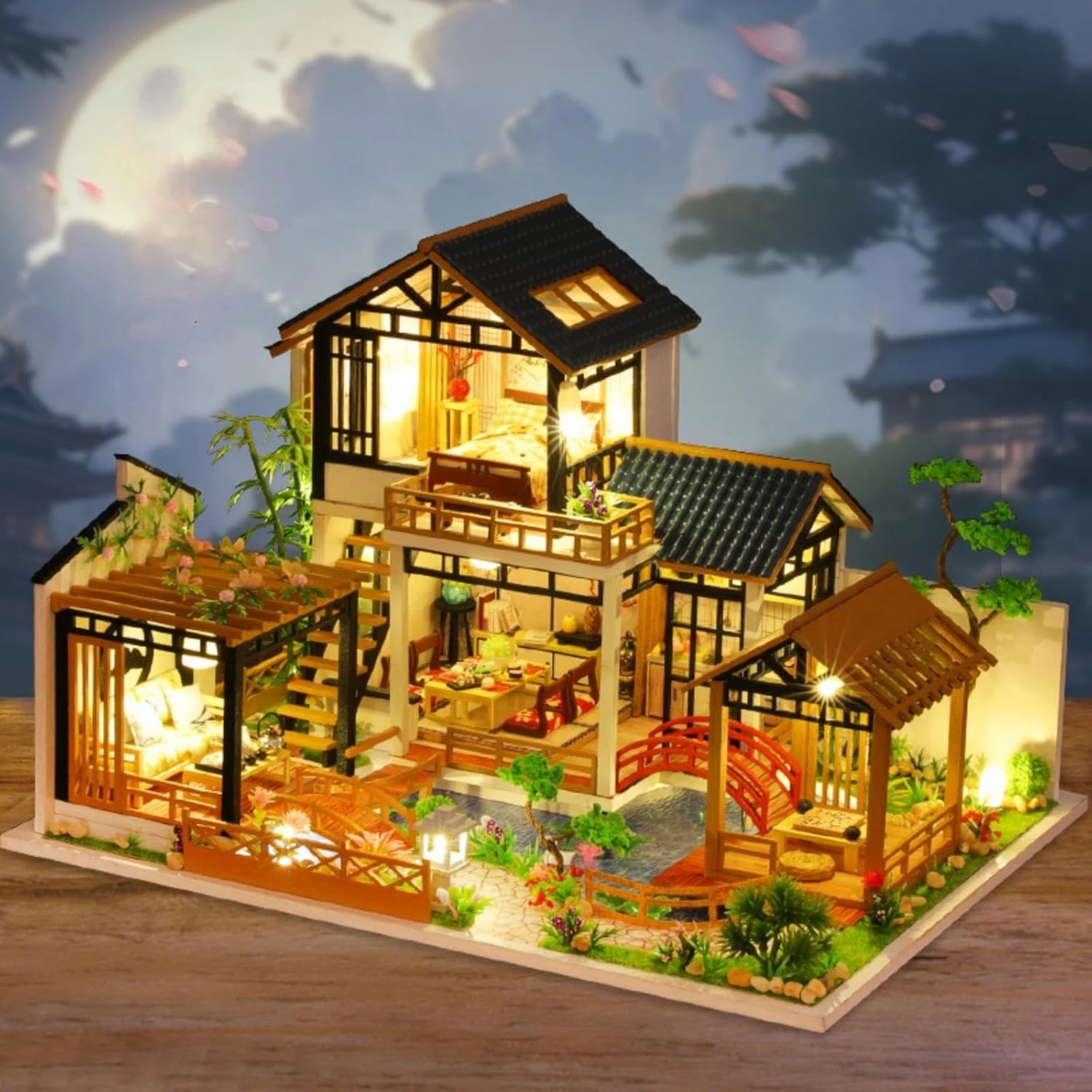 OZJAY DIY Miniature House Kit, Tiny House Kit with LED & Music Movement, DIY Wooden Dollhouse Miniature Kit for Adults Teen, Wooden Crafts Lovely Dollhouse Kit, Woodland Garden