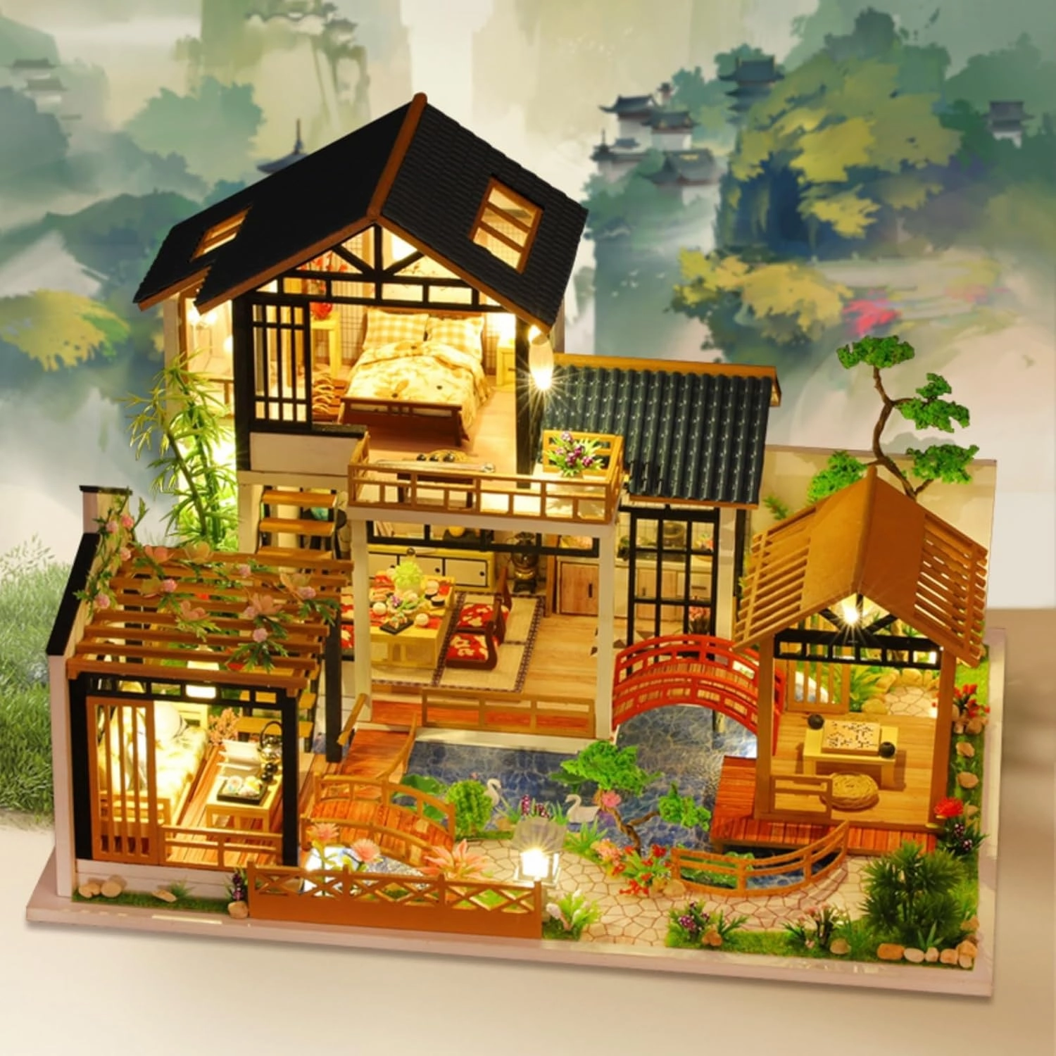 OZJAY DIY Miniature House Kit, Tiny House Kit with LED & Music Movement, DIY Wooden Dollhouse Miniature Kit for Adults Teen, Wooden Crafts Lovely Dollhouse Kit, Woodland Garden