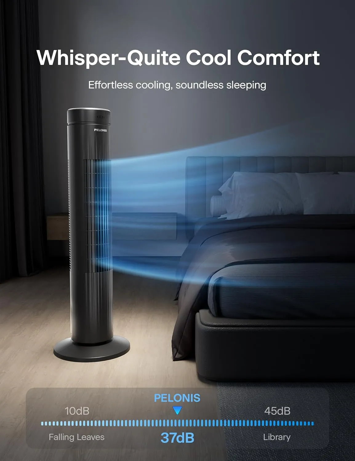 Pelonis 30-Inch Oscillating Tower Fan for Bedroom – 3 Speed, 37dB Quiet Tower Fan with Remote Control and 7-Hour Timer – ETL Certified, Black