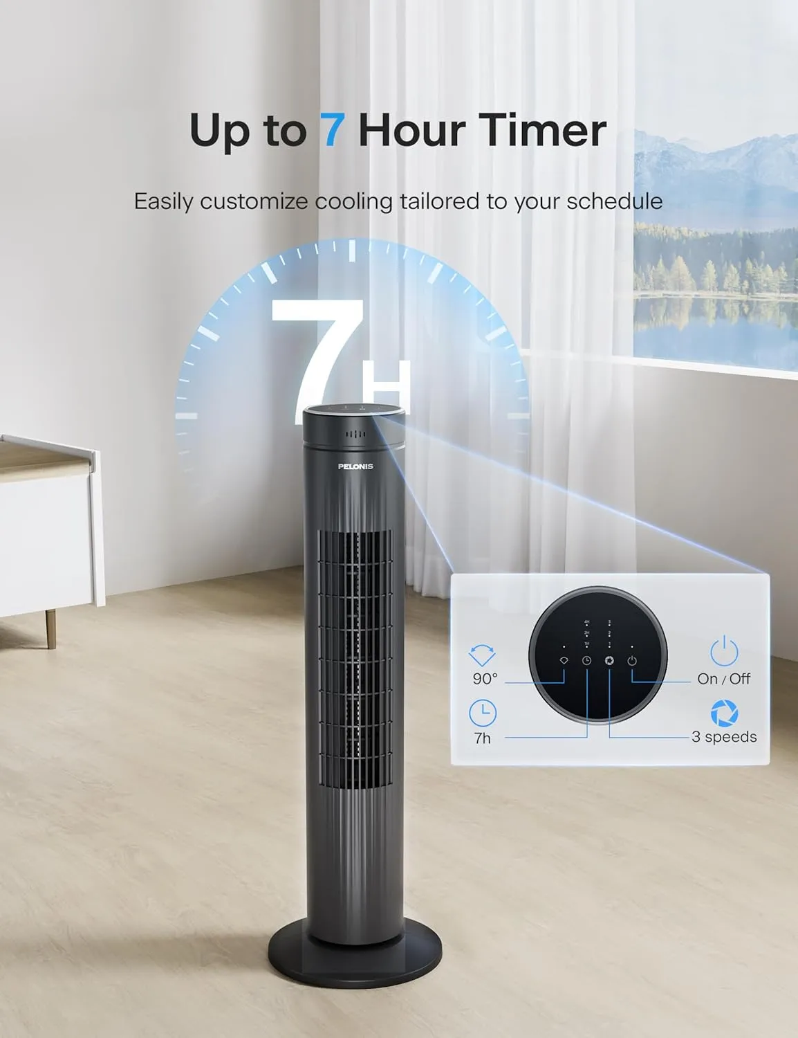 Pelonis 30-Inch Oscillating Tower Fan for Bedroom – 3 Speed, 37dB Quiet Tower Fan with Remote Control and 7-Hour Timer – ETL Certified, Black