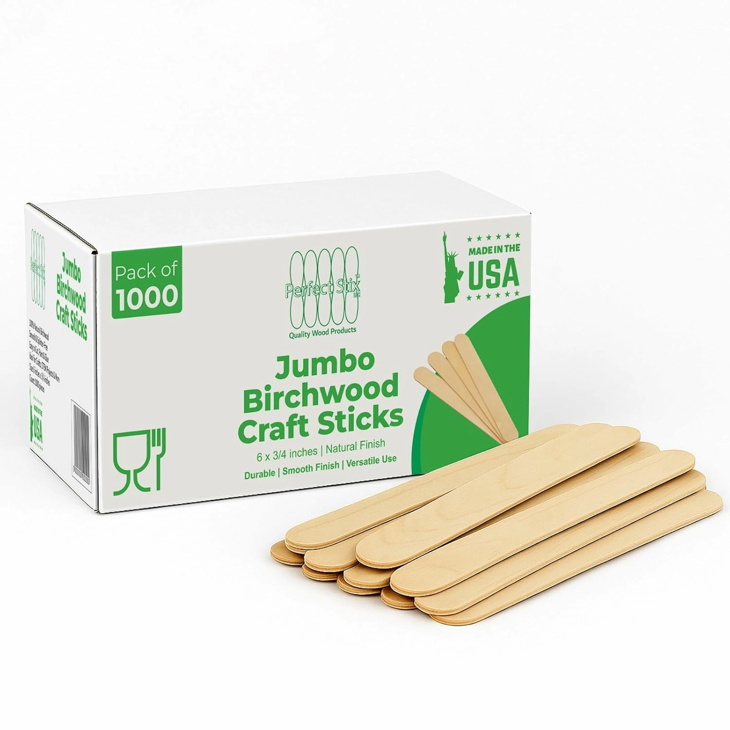 Perfect Stix Jumbo Birchwood Craft Sticks, 6 x 3/4 inches, Natural, 500 Count, Made in USA