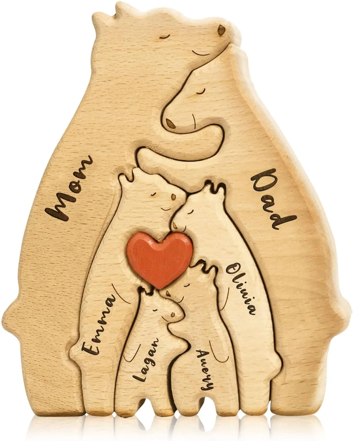 Personalized Wooden Bear Family Puzzle with 6 Names,Custom Ideal Gifts for Mother's Day, Father's Day from Daughter Son,Custom House Decor Gifts,Family Name Jigsaw with Heart Loving