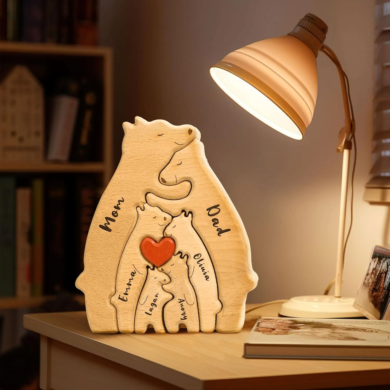 Personalized Wooden Bear Family Puzzle with 6 Names,Custom Ideal Gifts for Mother's Day, Father's Day from Daughter Son,Custom House Decor Gifts,Family Name Jigsaw with Heart Loving